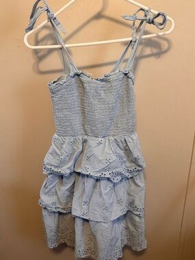 American Eagle Outfitters Light Blue Tiered Eyelet Midi Dress